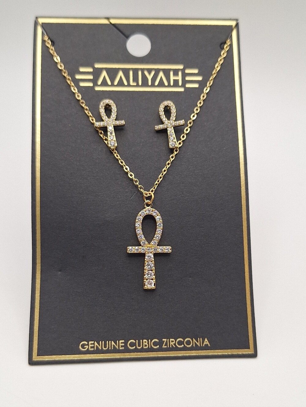 NWT Aaliyah Gold Tone CZ Ankh Necklace & Earrings Jewelry Set